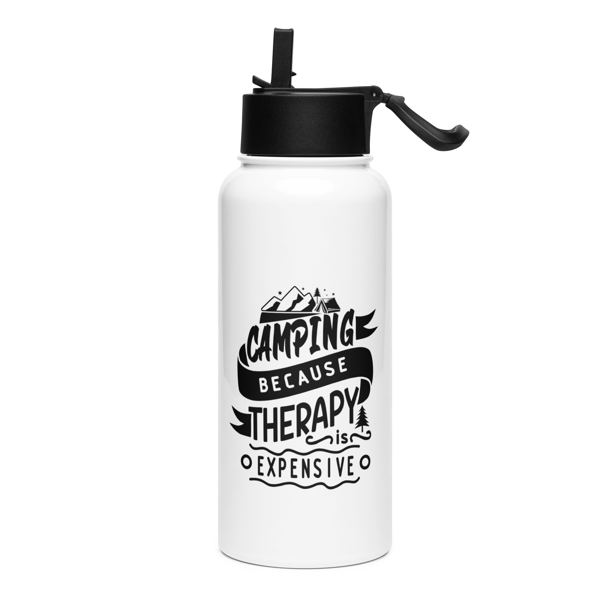 Botella de Acero Inoxidable con Pajita - "Camping because therapy is expensive"