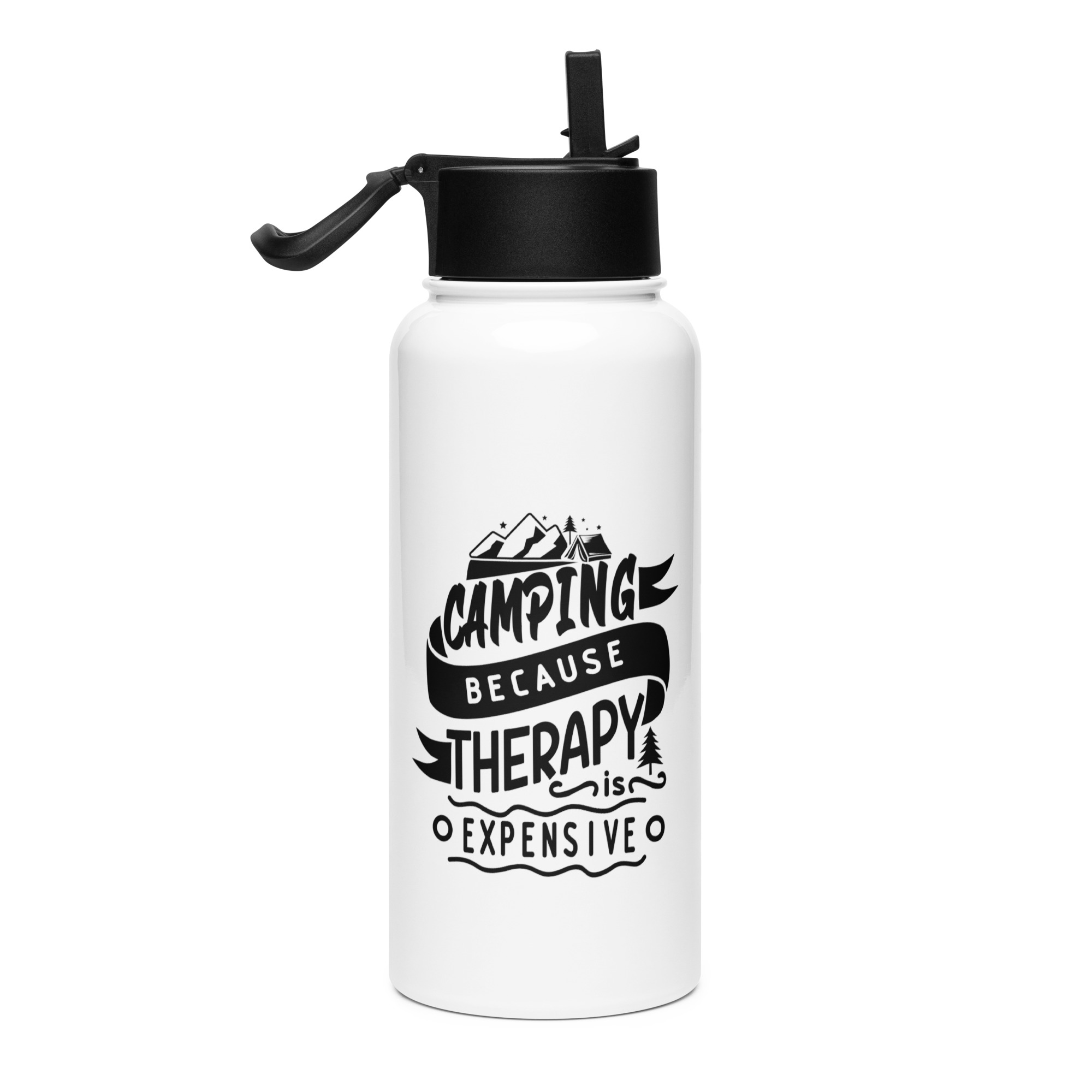 Botella de Acero Inoxidable con Pajita - "Camping because therapy is expensive" - Imagen 4